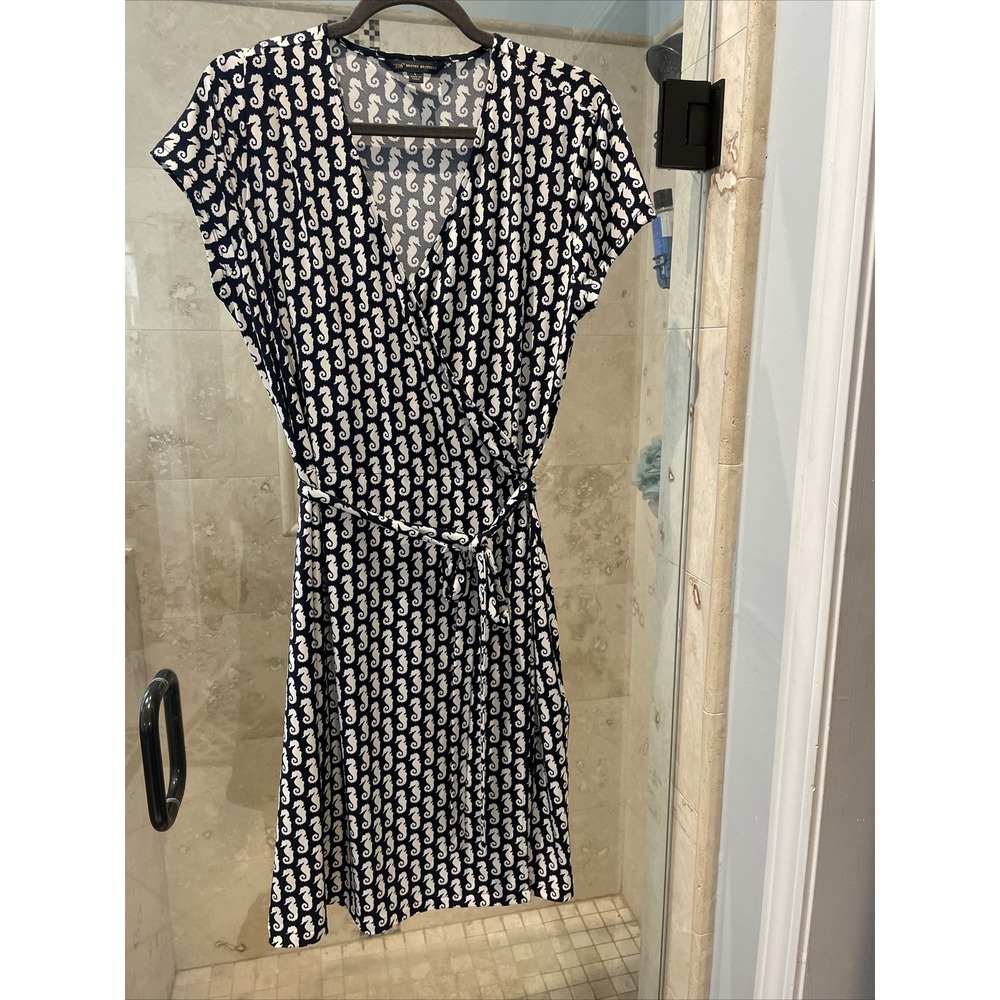 Brooks Brothers 346 Womens Blue White Seahorse Print Wrap Belted Dress L
